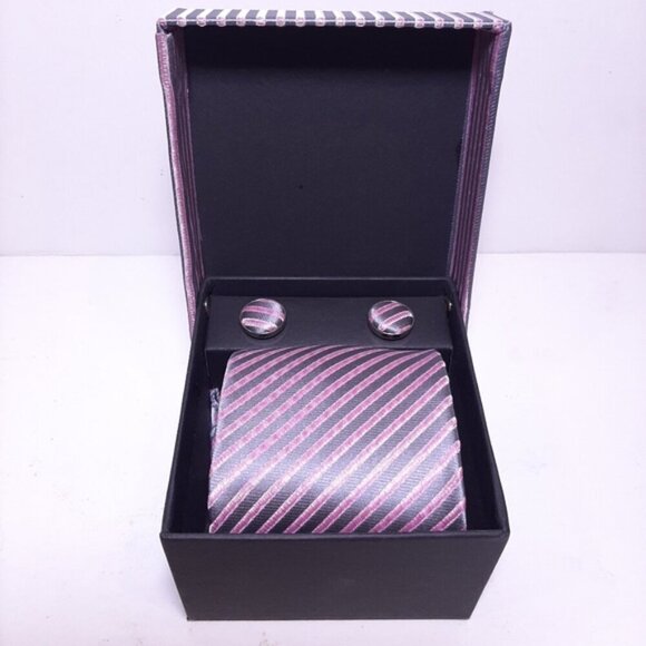 NEW 3 Pc Boxed Gift Tie Set Coordinated Print Cuff Links Pocket Square Pink Grey - Picture 2 of 7